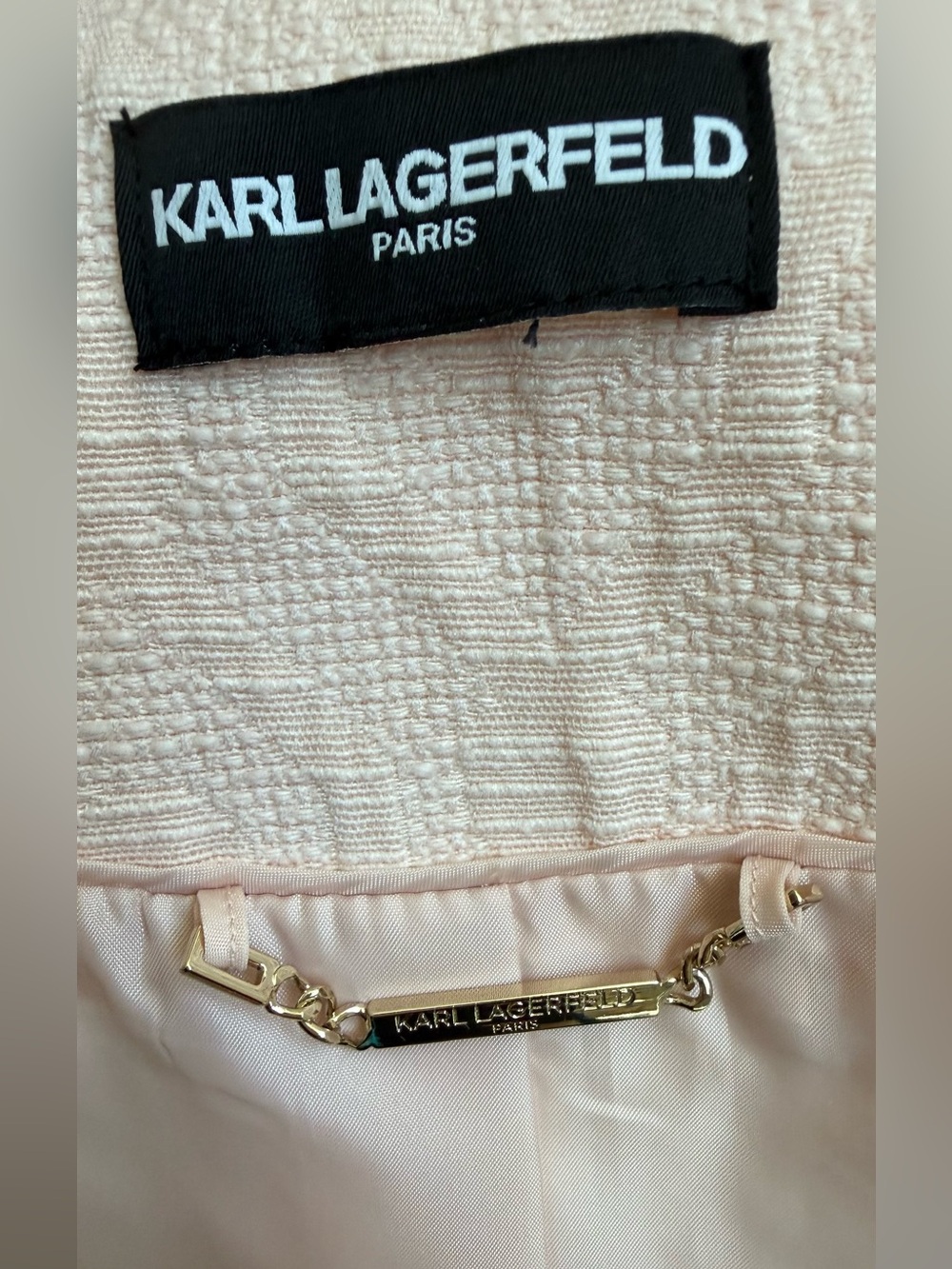 Karl Lagerfeld Paris collarless tweed jacket in Pink Blush - Picture 3 of 12